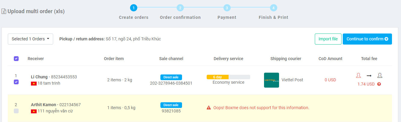 How to create multiple orders onto Boxme's system using Excel 4